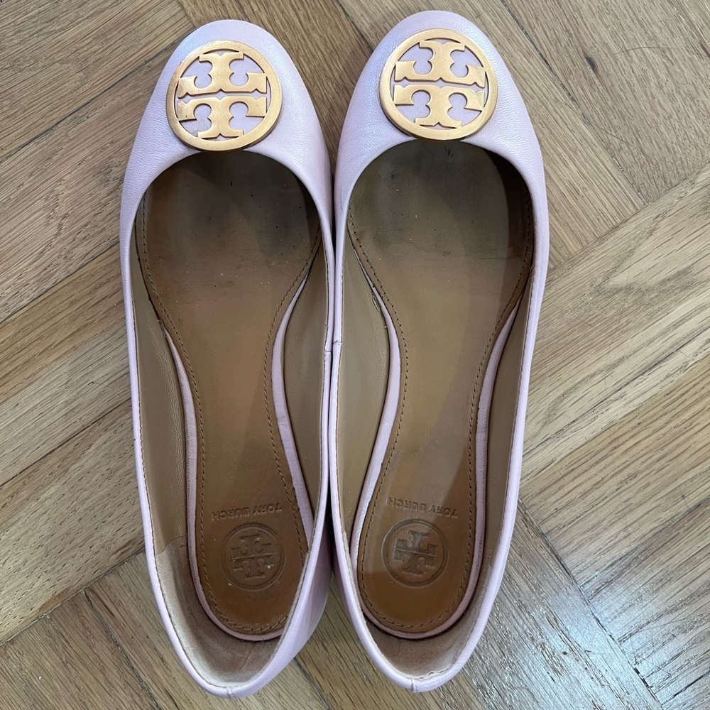 Tory Burch Blush Pink Leather Logo Ballet Flats